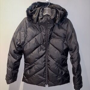 BEBE‎ Black PufferJacket Genuine Rabbit Fur Trim Hood Down Parka Women's Size S